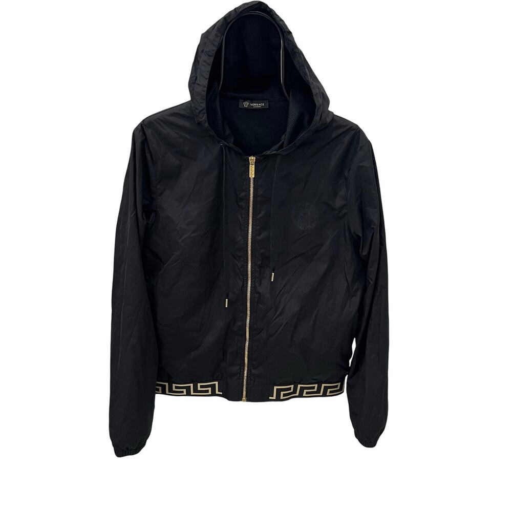 Versace Black Hooded Windbreaker Jacket Gold Greek Key Greca Zip Men Size 46 S